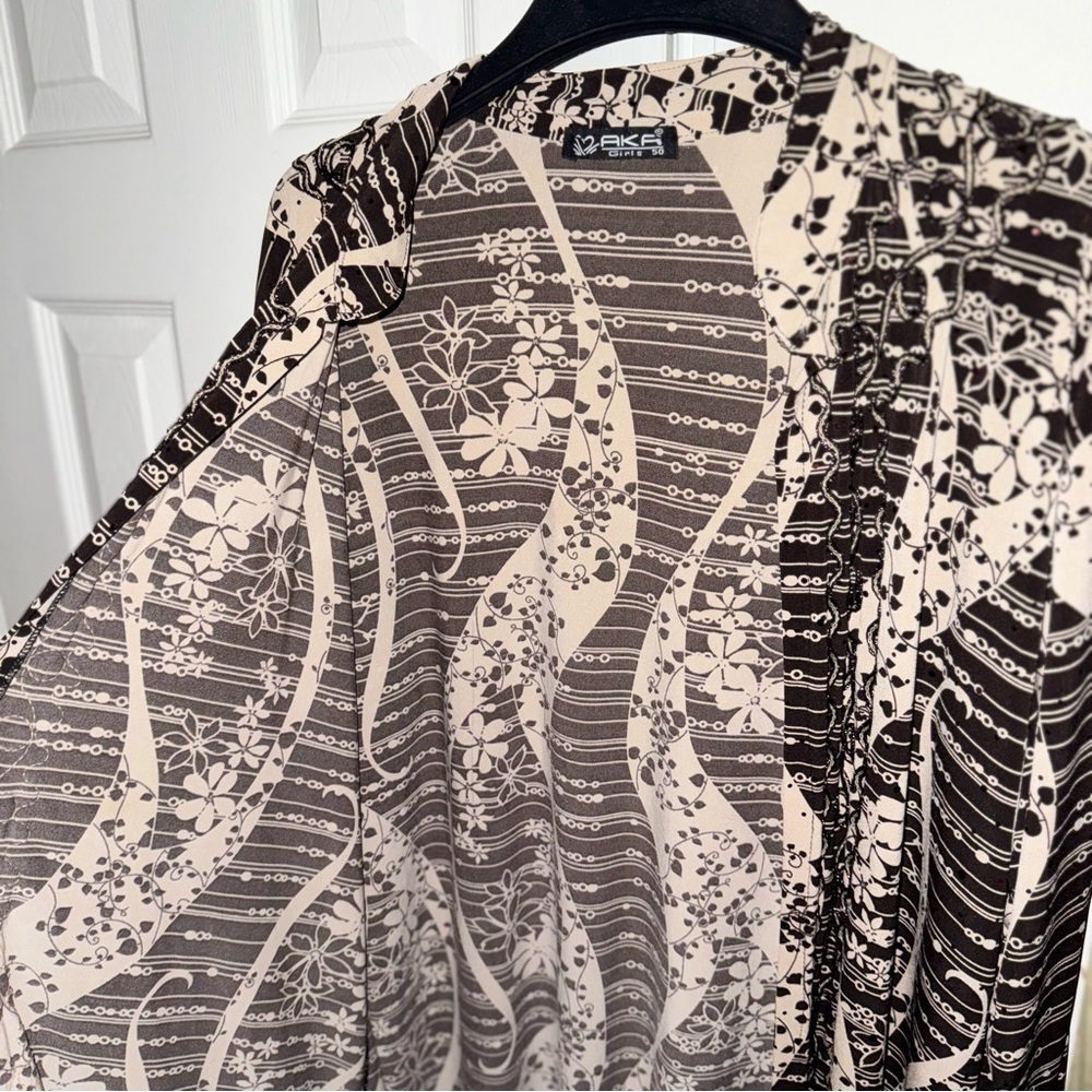 AKA Women's Duster Cardigan Sheer Brown Beige Abstract Floral Print Size 2XL - Picture 7 of 10